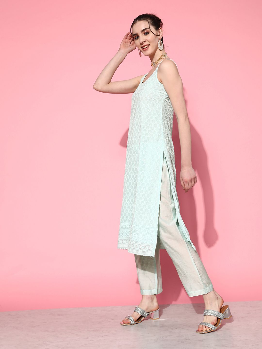 Indyancart VA Women's Embroidered Chikankari Silk Georgette Kurta With Trousers & Dupatta