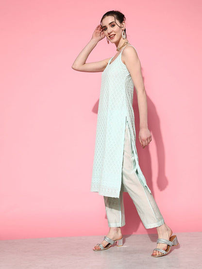 Indyancart VA Women's Embroidered Chikankari Silk Georgette Kurta With Trousers & Dupatta