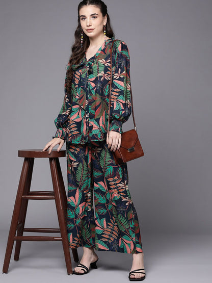 Indyancart IE Women Green & Navy Blue Floral Printed Co-Ords