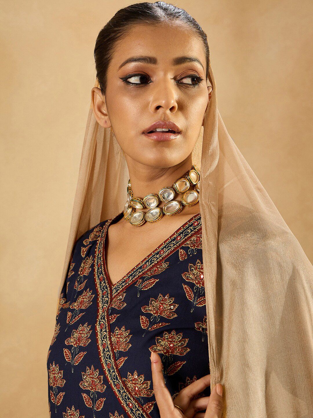 Indyancart IE Floral Printed Angrakha Mirror Work Pure Cotton A-Line Kurta & Trousers & Dupatta