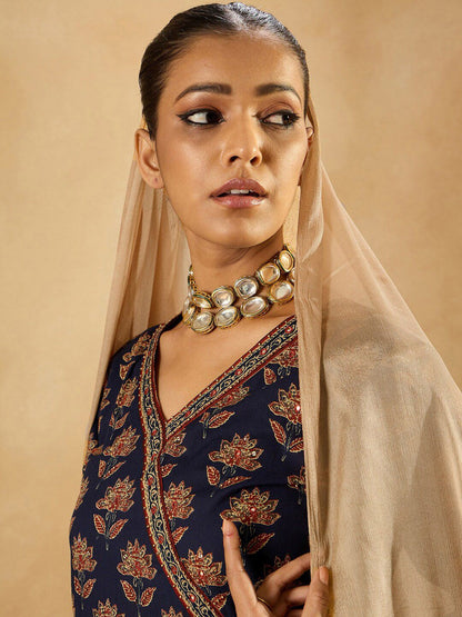 Indyancart IE Floral Printed Angrakha Mirror Work Pure Cotton A-Line Kurta & Trousers & Dupatta