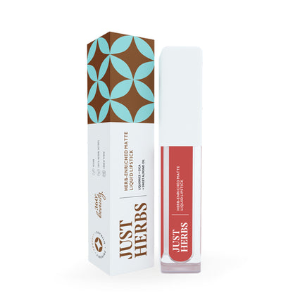 Just Herbs vegan matte liquid lipstick in Hibiscus Red and Raisin Rust, showcasing bold, nourishing lip color.