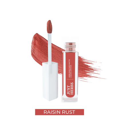 Just Herbs vegan matte liquid lipstick in Hibiscus Red and Raisin Rust, showcasing bold, nourishing lip color.