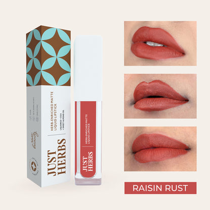 Just Herbs vegan matte liquid lipstick in Hibiscus Red, featuring a bold, festive shade with nourishing formula.