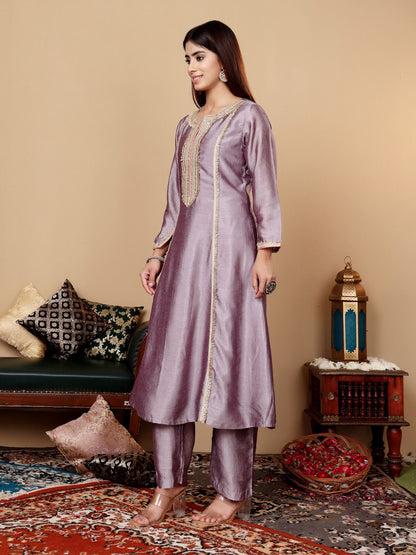 Dhiyona VA Women'sLavender Embroidered Yoke Design Notch Neck Anarkali Kurta with Trousers & Dupatta