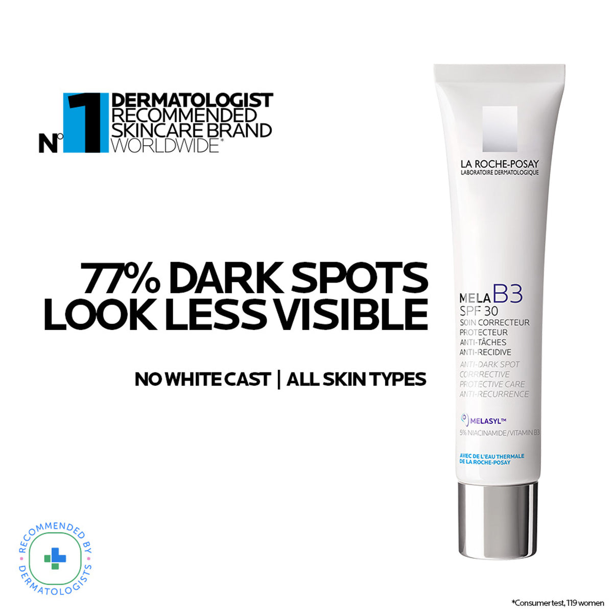La Roche-Posay Mela B3 SPF30 moisturizer with anti-dark spots treatment and broad-spectrum sunscreen in a white tube