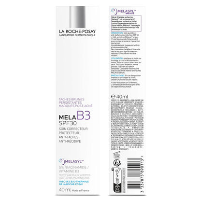 La Roche-Posay Mela B3 SPF30 anti-dark spots moisturizer with broad-spectrum sunscreen and Melasyl for skin brightening.