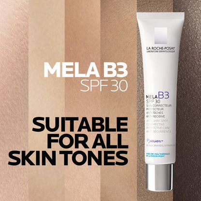 La Roche-Posay Mela B3 SPF30 anti-dark spots moisturizer and broad-spectrum sunscreen with Melasyl visible in the image.