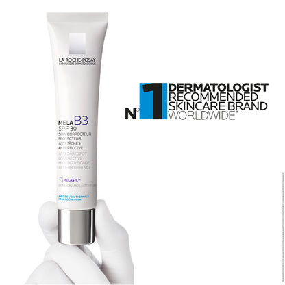 La Roche-Posay Mela B3 SPF30 moisturizer and broad-spectrum sunscreen with Melasyl, designed to reduce dark spots and protect skin.