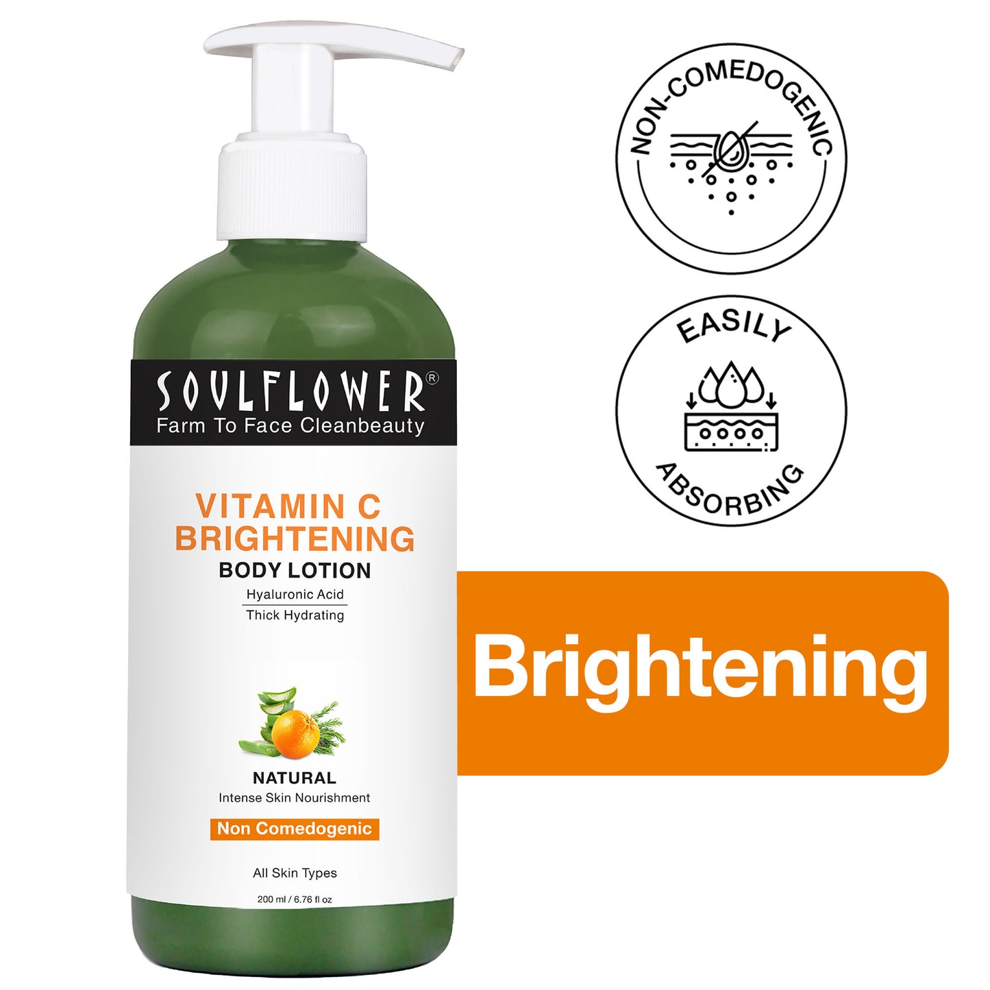 Soulflower Vitamin C Brightening Body Lotion, Hyaluronic Acid, Hydration, Light Weight & Non Sticky