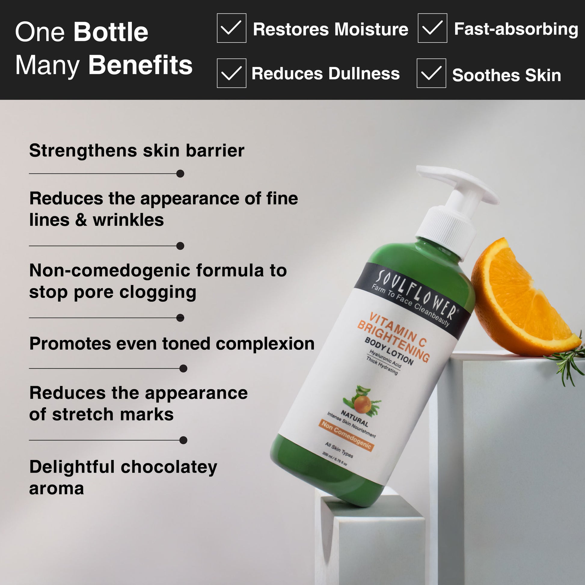 Soulflower Vitamin C Brightening Body Lotion, Hyaluronic Acid, Hydration, Light Weight & Non Sticky