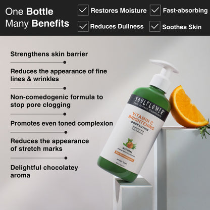Soulflower Vitamin C Brightening Body Lotion, Hyaluronic Acid, Hydration, Light Weight & Non Sticky