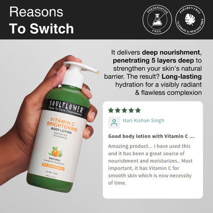 Soulflower Vitamin C Brightening Body Lotion, Hyaluronic Acid, Hydration, Light Weight & Non Sticky