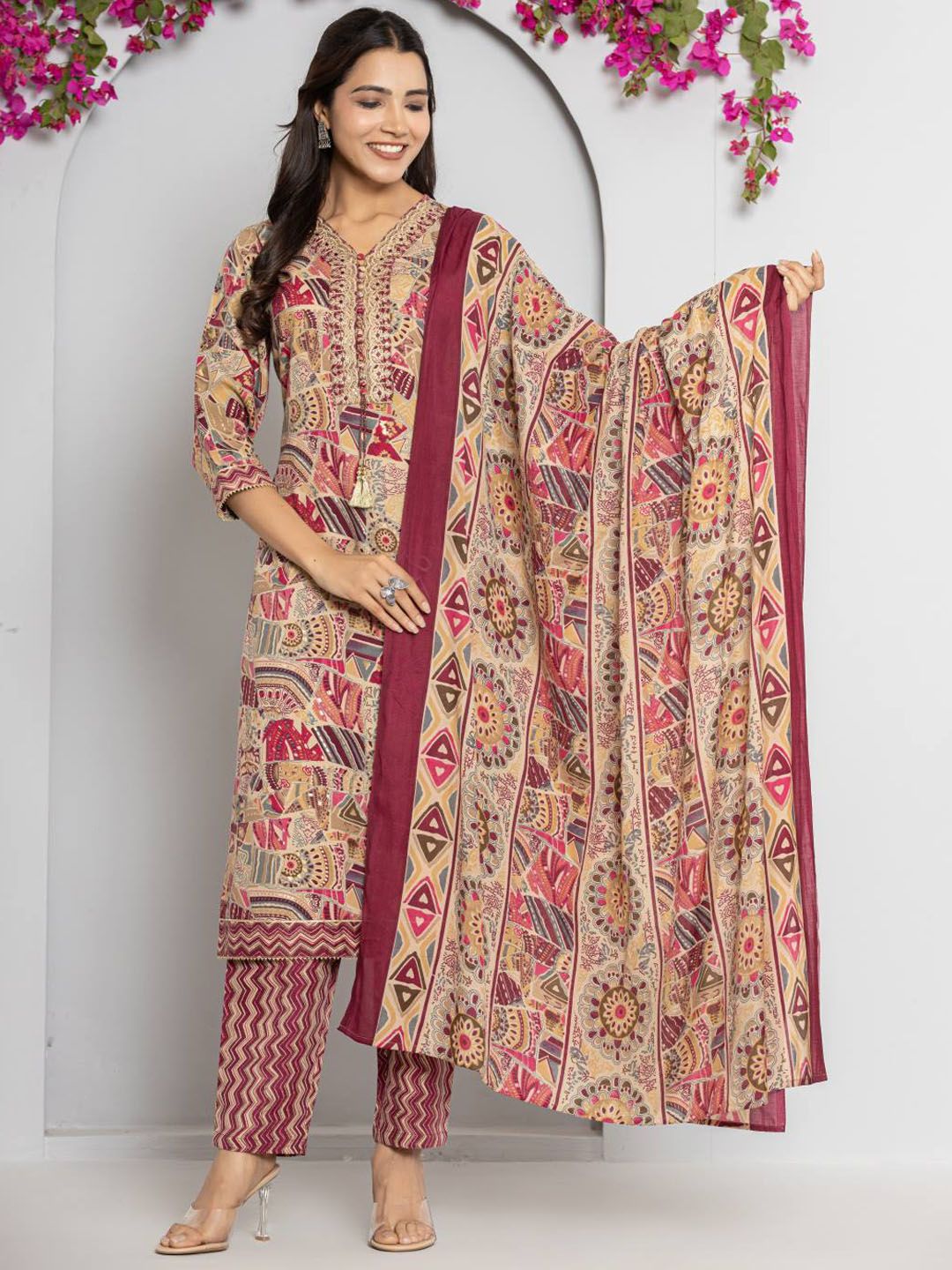 Indyancart VA Women's Abstract Printed Neck Embroidered Regular Kurta with Trouser & Dupatta