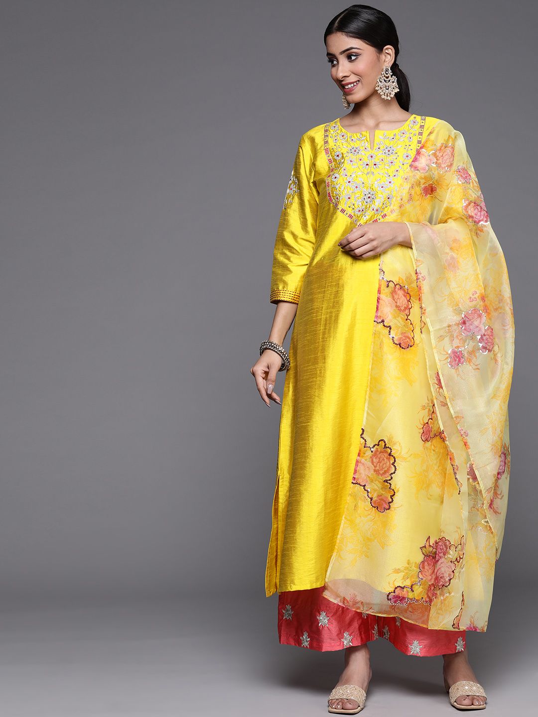 Indyancart VA Women's Mustard Yellow Floral Embroidered Kurta with Trousers & Dupatta