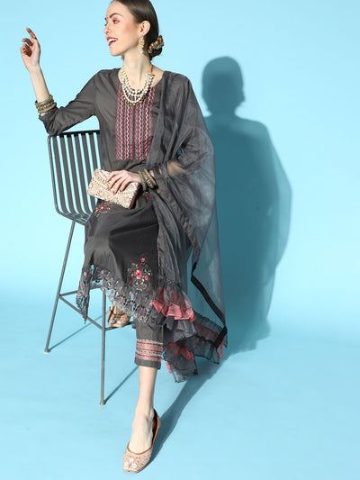 Dhiyona IE Charcoal Silk Blend Romantic Florals Kurta Set