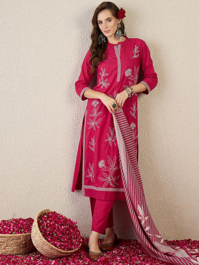 Indyancart IE Women Embroidered Beads and Stones Pure Cotton Kurta with Trousers & Dupatta