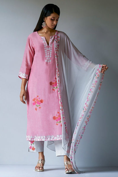 Women's Strawberry Ice Pink and Grey Bemberg Silk Salwar Suit With Delicate Embroidery Detailing