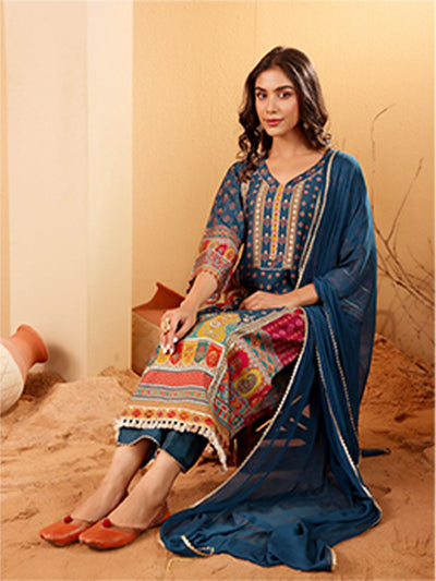 Indyancart VA Women'sEthnic Motifs Printed Sequnnied Chanderi Silk Kurta With Trousers And Dupatta