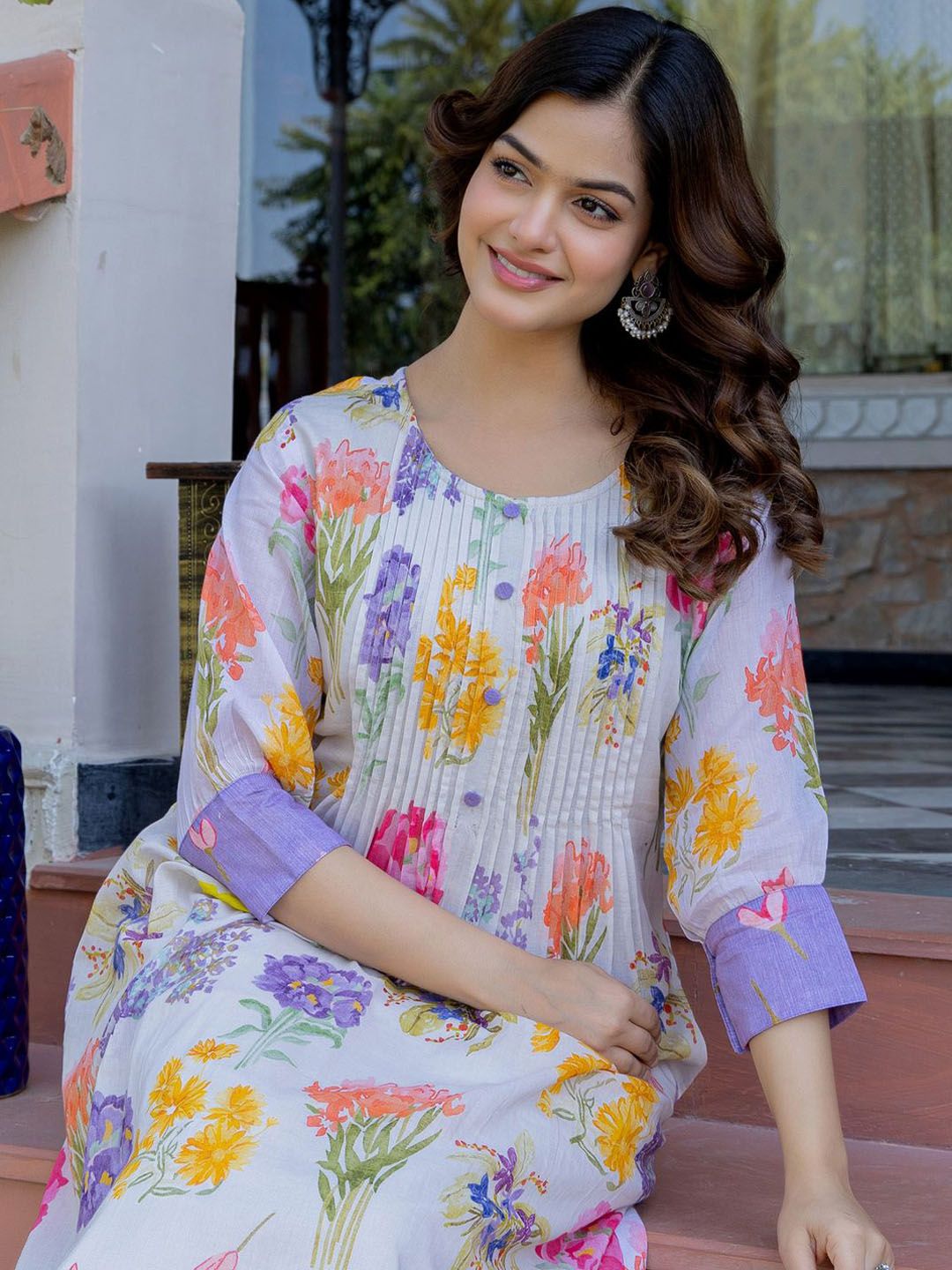 Floral Printed A-Line Pure Cotton Kurta With Trousers