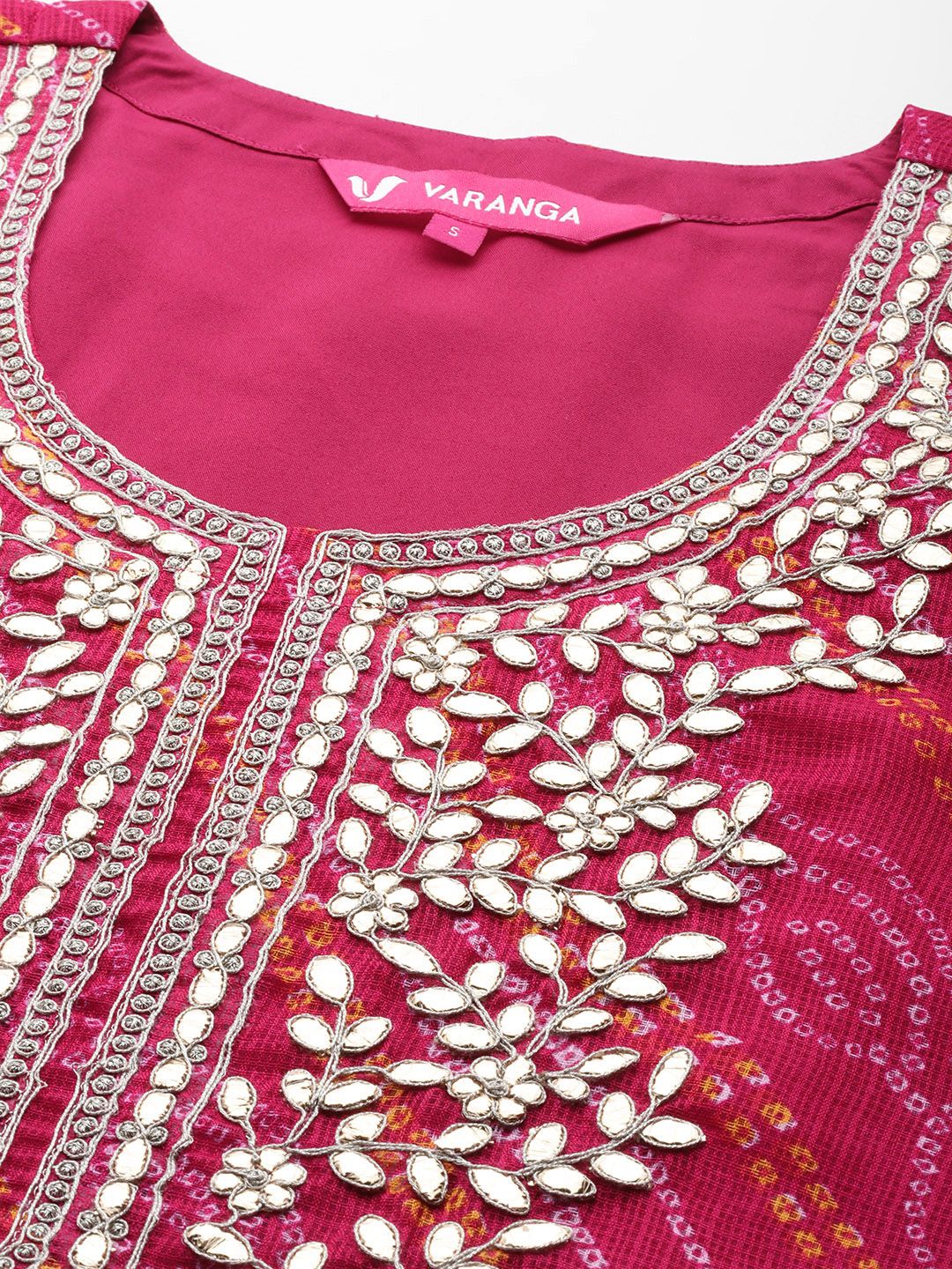 Indyancart VA Women's Fuchsia Bandhani Printed Regular Gotta Patti Kurta with Trousers & With Dupatta