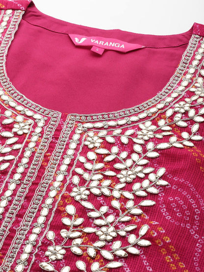 Indyancart VA Women's Fuchsia Bandhani Printed Regular Gotta Patti Kurta with Trousers & With Dupatta