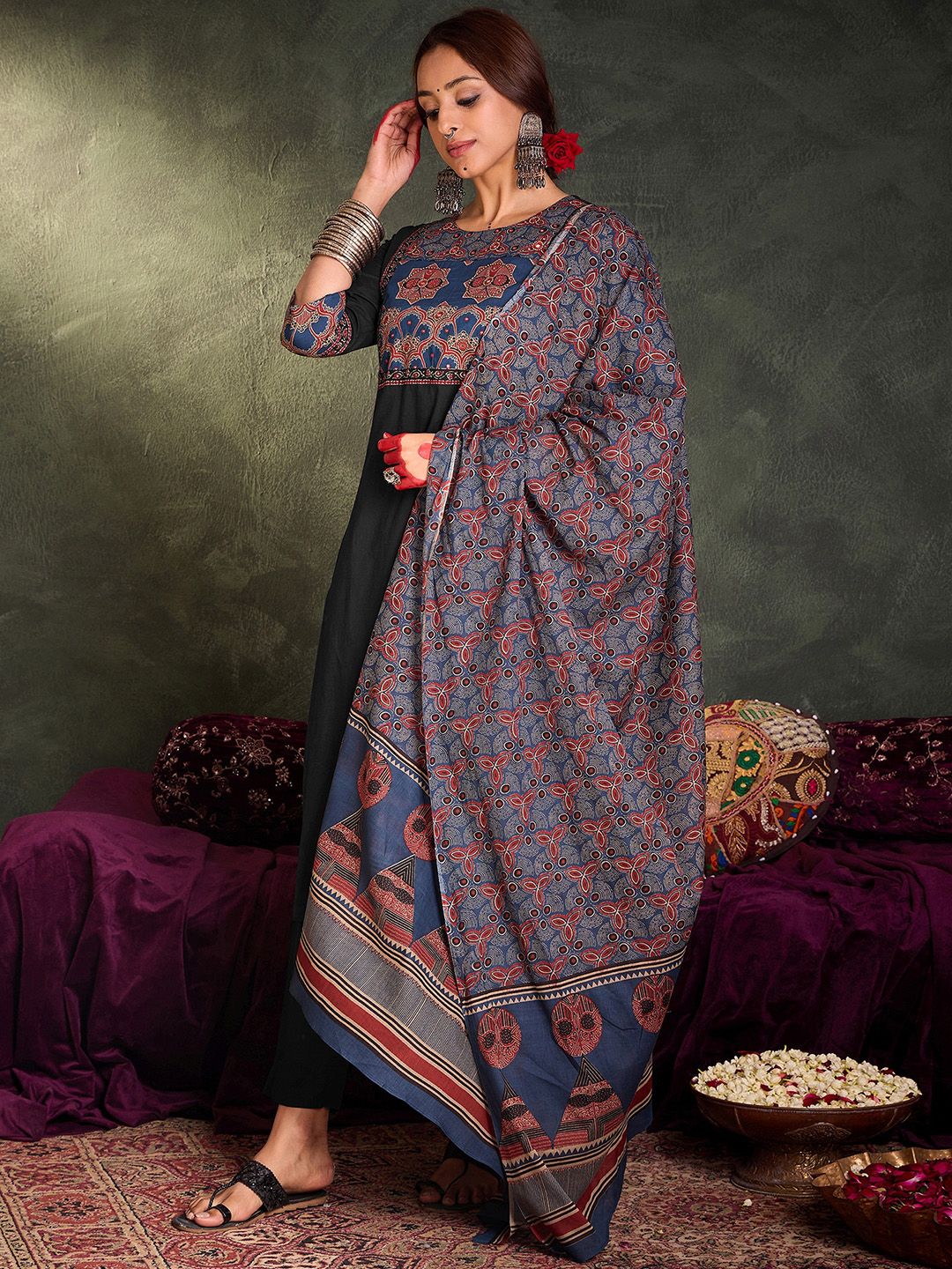 Floral Printed Round Neck Cotton Straight Kurta With Trousers & Dupatta