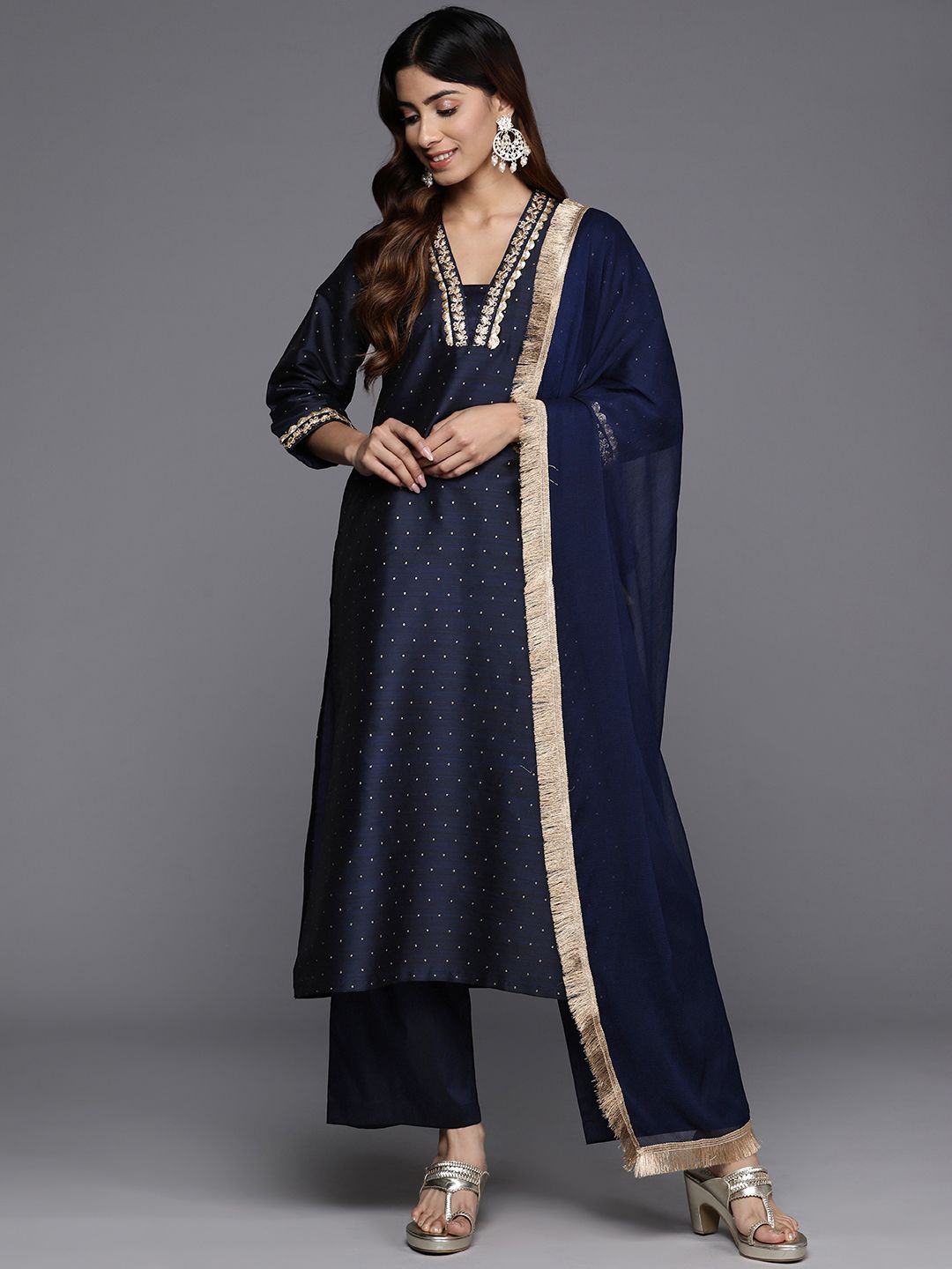 Indyancart VA Women'sSequinned Kurta with Trousers & Dupatta