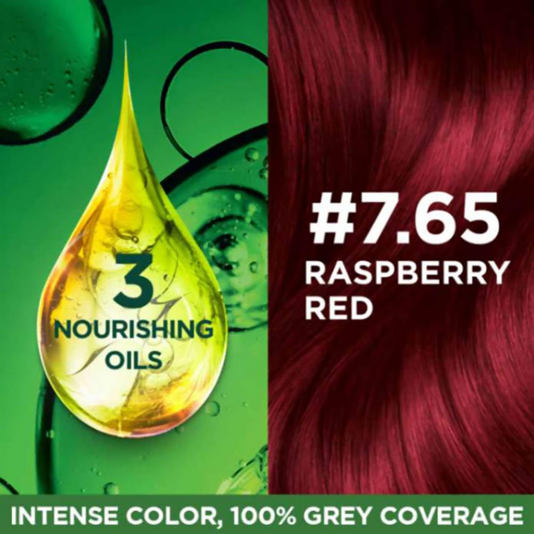 Garnier Color Naturals Ultra Hair Color in 7.65 Raspberry Red showing vibrant red hair dye in a tube.