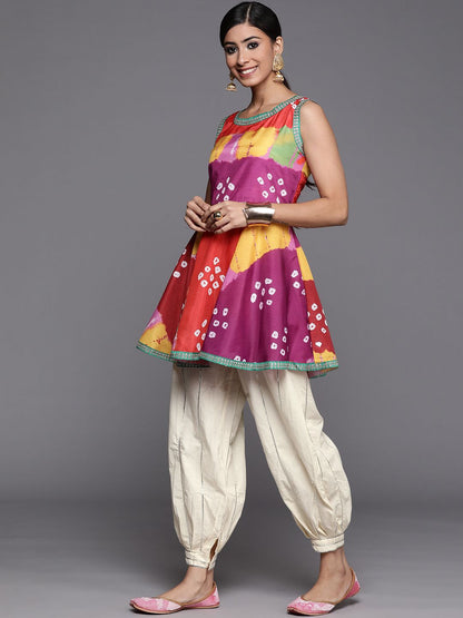 Indyancart VA Women's Multicoloured Bandhani Printed Kurta with Salwar