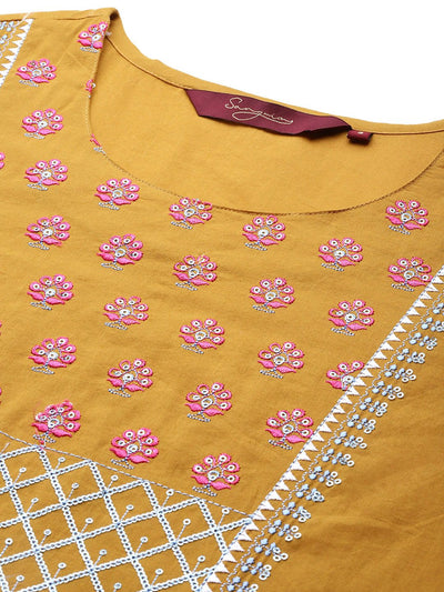 Indyancart SN Women's Mustard YellowYoke Design Mirror Work Cotton Kurta with Palazzos & Dupatta