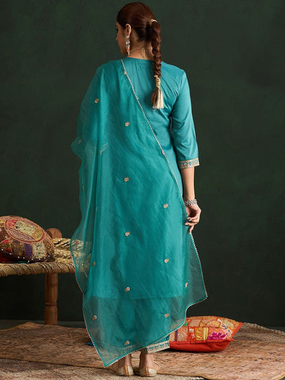 Dhiyona IE Women Ethnic Motifs Embroidered Regular Thread Work Kurta with Trousers & With Dupatta