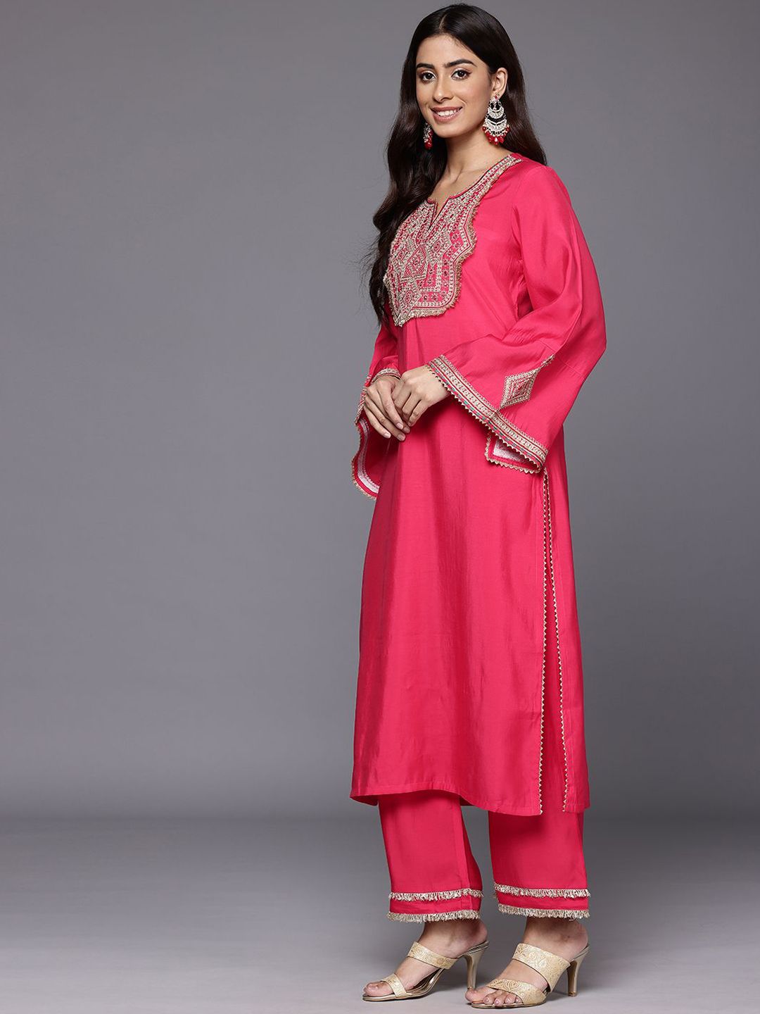 Indyancart VA Geometric Embroidered Mirror Work Straight Kurta with Palazzo & Dupatta