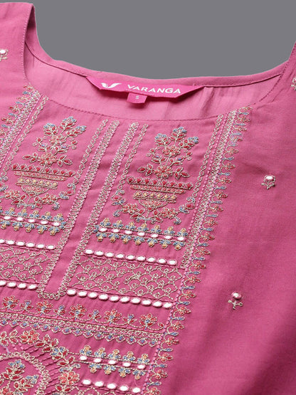 Indyancart VA Women's Pink Zari Resham Embroidered Winter Kurta with Trousers & Dupatta