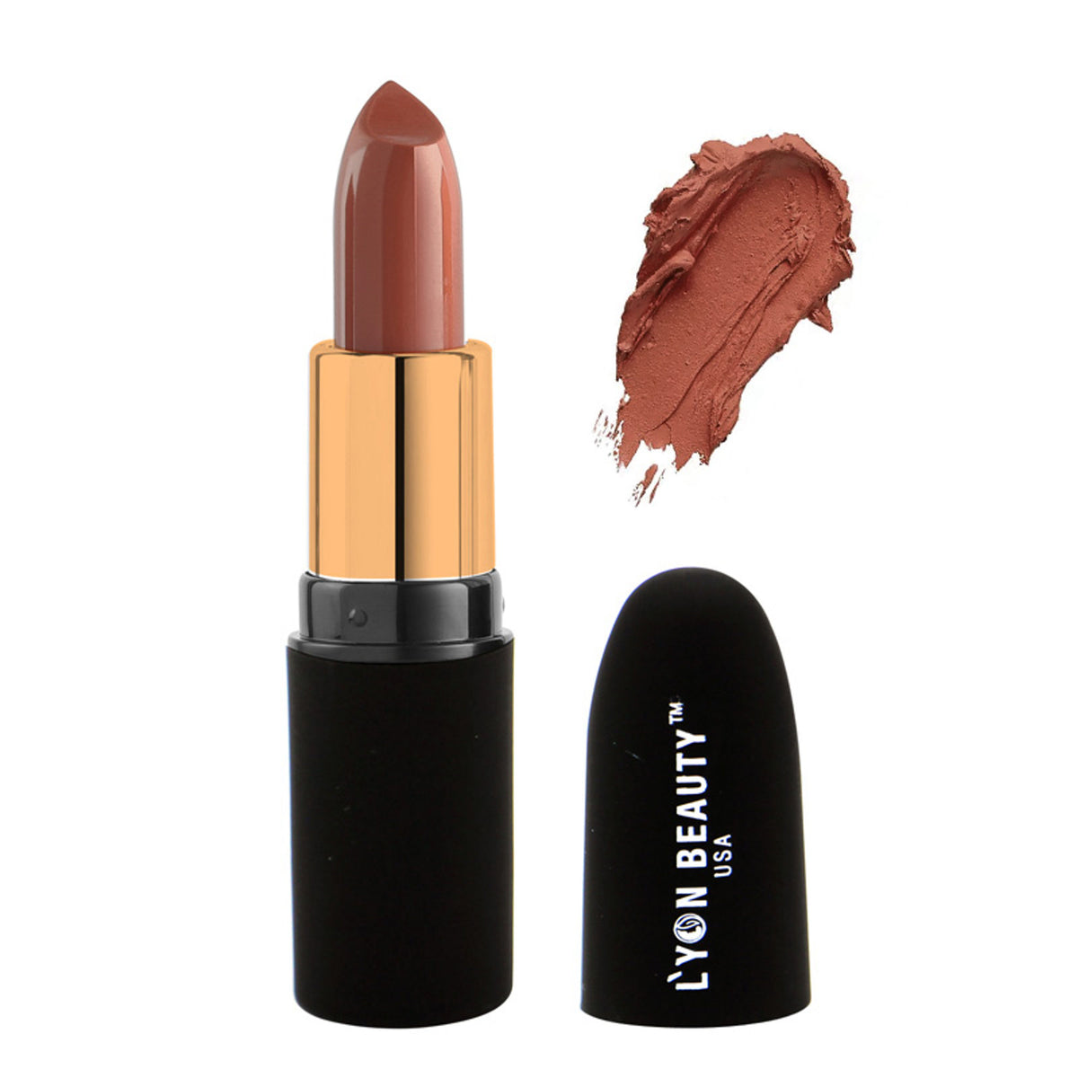 Lyon Beauty Pure Powder Matte Lipstick in shade 214 Caramel, showing the sleek lipstick tube and swatch of warm caramel color.