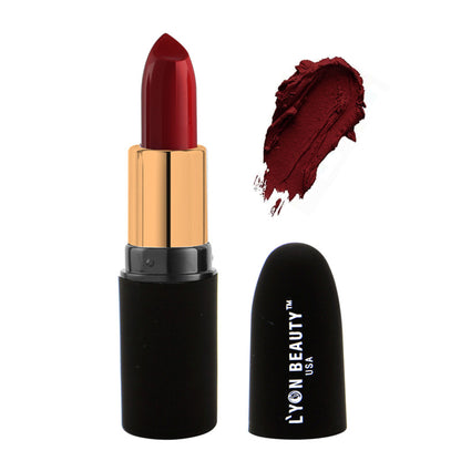 Lyon Beauty Pure Powder Matte Lipstick in shade 224 Red Wine, showing the deep red lipstick swatched on a hand.