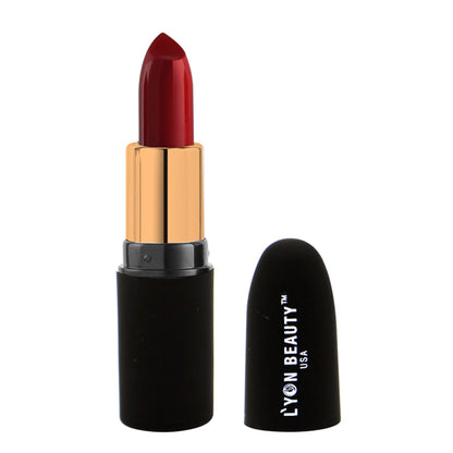 Lyon Beauty Pure Powder Matte Lipstick in shade 224 Red Wine, showcasing a sleek lipstick tube and the vibrant red wine color.