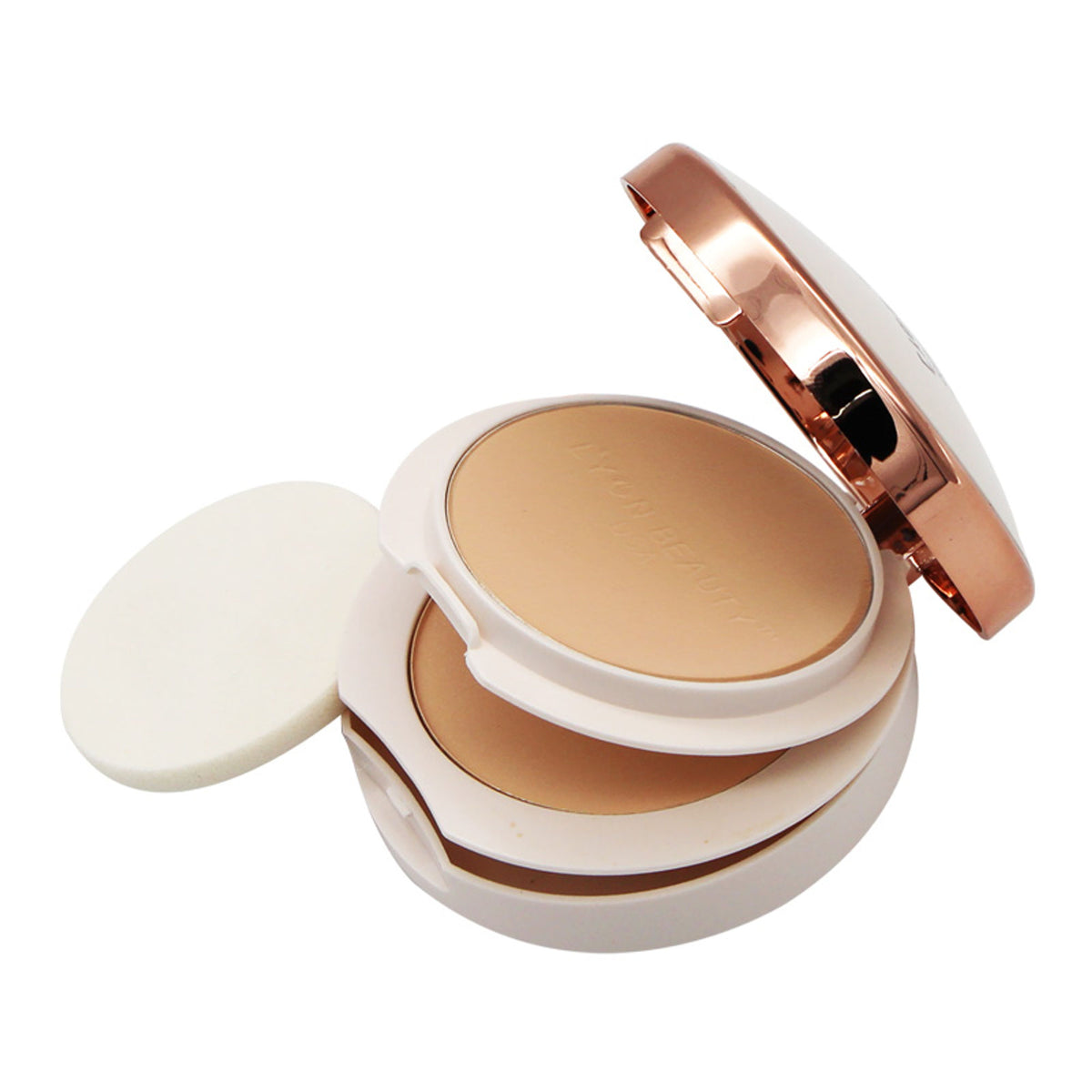 Lyon Beauty Oil Control Compact in Shade 03, close-up of the sleek black case with open mirror and pressed powder inside.