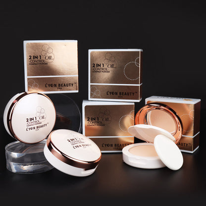 Lyon Beauty Oil Control Compact in Shade 03, with a close-up of the sleek beige case and open mirror revealing pressed powder.