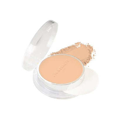 Lyon Beauty Prime + Fine Compact Powder in Shade 02, close-up of the beige pressed powder in a compact case.