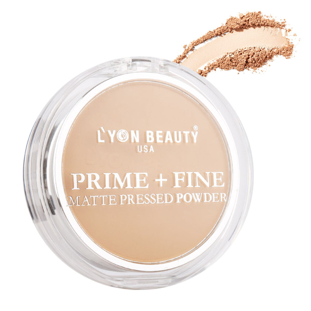 Lyon Beauty Prime + Fine Compact Powder Shade 02 in open compact with mirror and applicator brush, smooth powder surface.