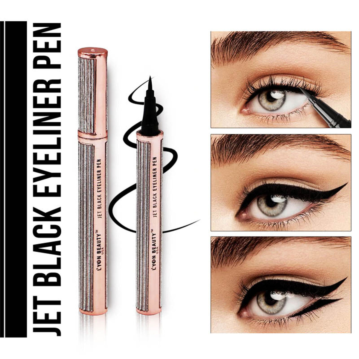 Lyon Beauty Jet Black Eyeliner Pen with a sleek black design and precise tip for easy application.