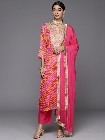 Dhiyona VA Women'sPink Leheriya Printed Thread Work Straight Kurta & Trousers & With Dupatta
