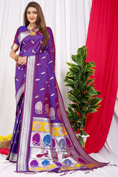 Indyancart GR Women's Chandramukhi Purple Zari Paithani Silk Saree
