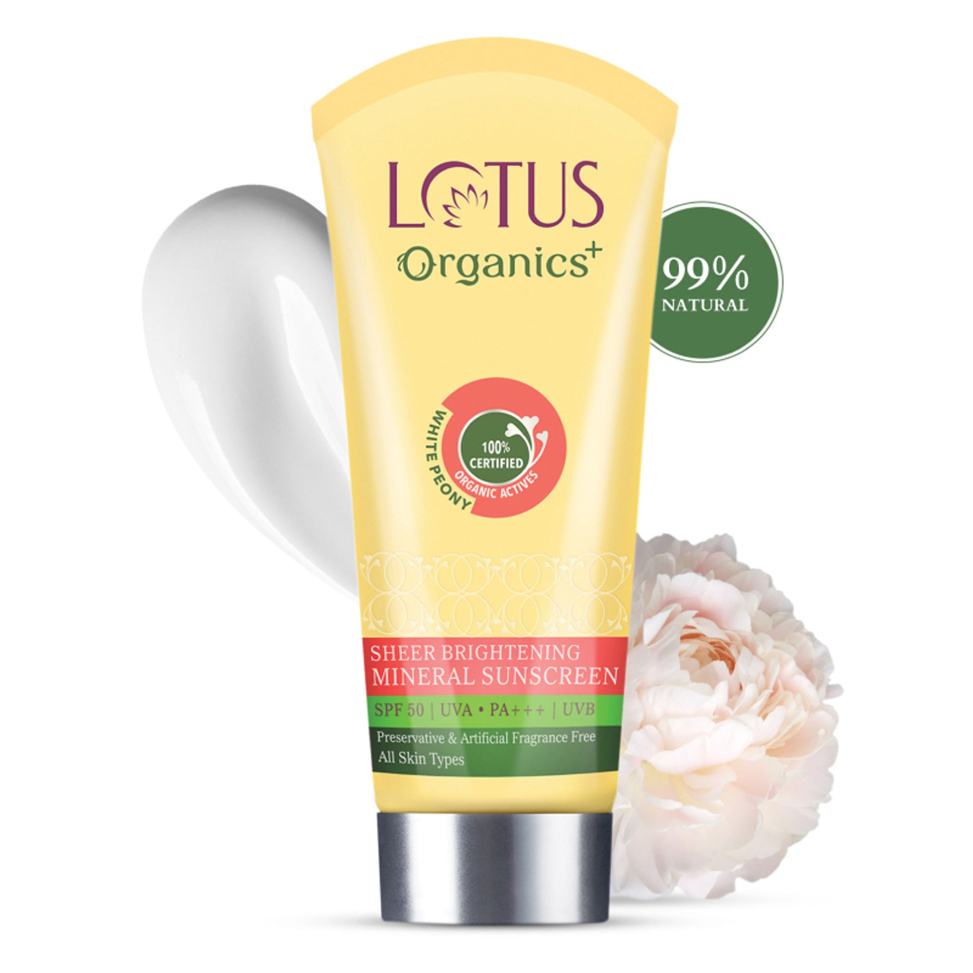 Lotus Organics Sheer Brightening Mineral Sunscreen, SPF 50, 100% Certified Organic White Peony