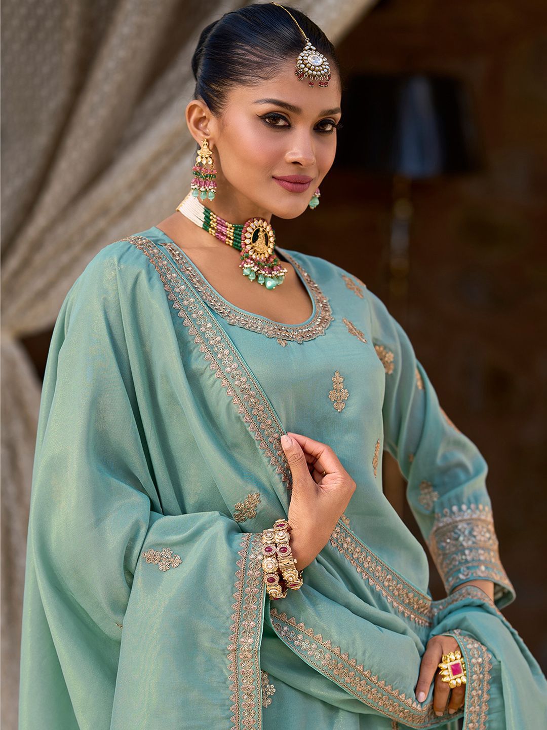 Dhiyona IE Women Ethnic Motifs Embroidered Regular Sequinned Kurta & Trousers & Dupatta