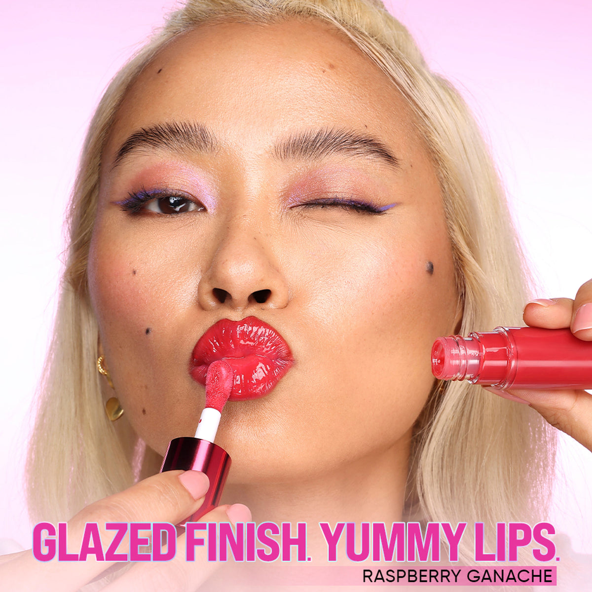Nykaa Lip Glaze High Shine and Pigment Lip Gloss Oil in Cherry Custard, showing glossy red lip color and applicator brush.