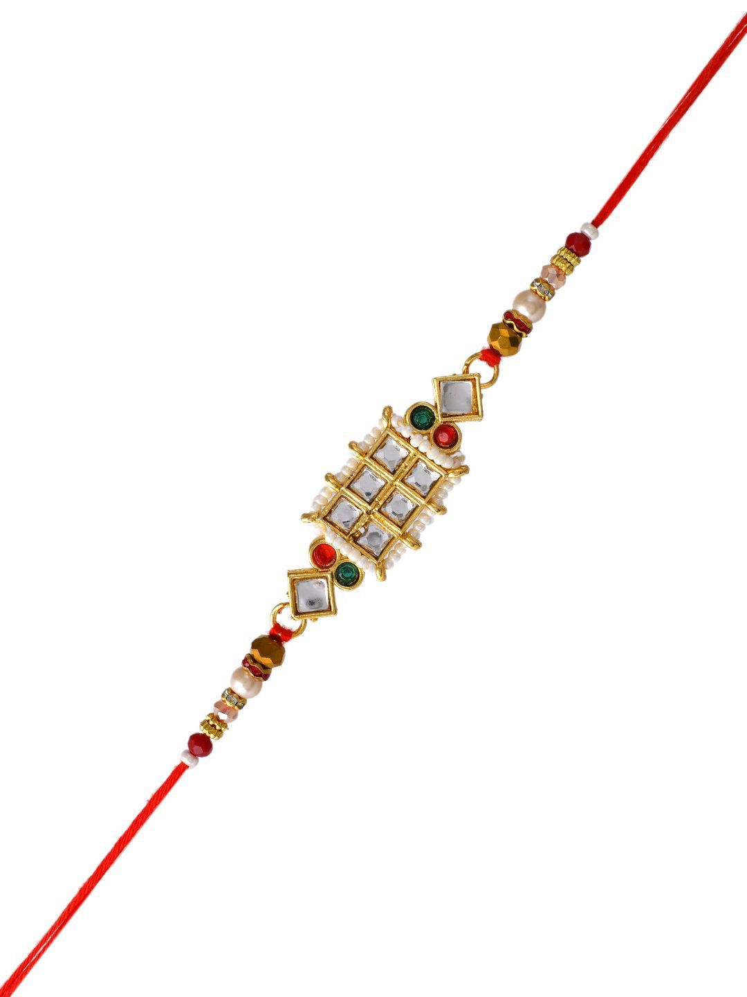Anouk Red Mirror & Pearl-Beaded Rakhi With Roli Chawal & Greeting Card