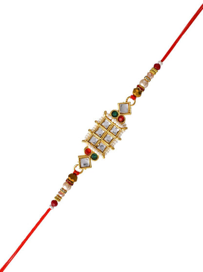 Anouk Red Mirror & Pearl-Beaded Rakhi With Roli Chawal & Greeting Card