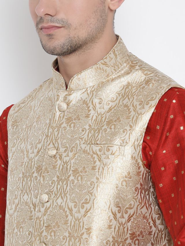 Men's Maroon Silk Blend Straight Jacket  Kurta and Pyjama Set